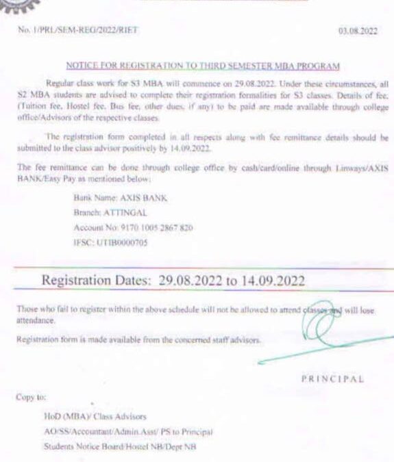 NOTICE FOR REGISTRATION TO 3rd SEMESTER MBA PROGRAM